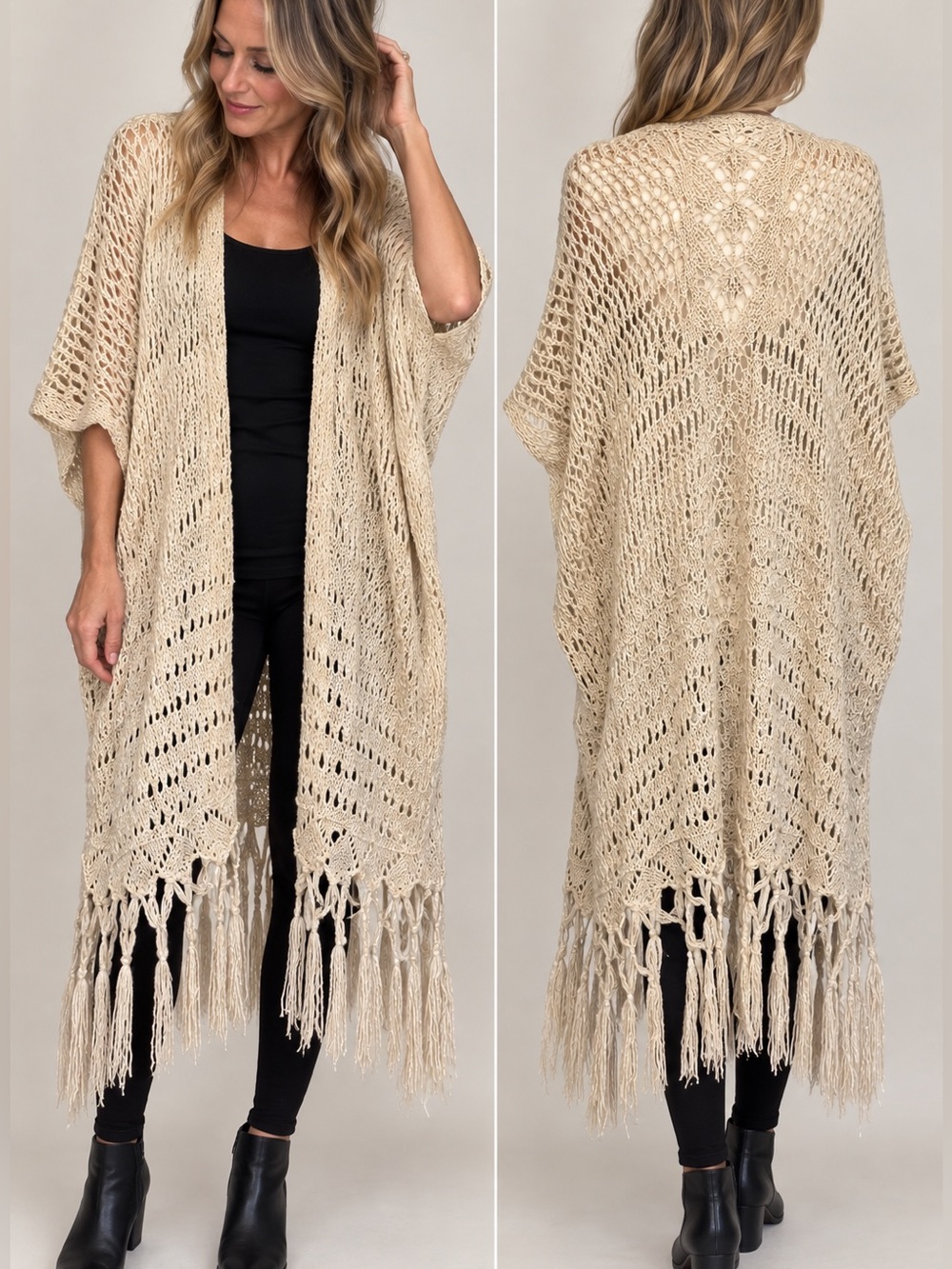 Maurices L/XL Cream Boho Open Front Long Knit Fringe Cardigan